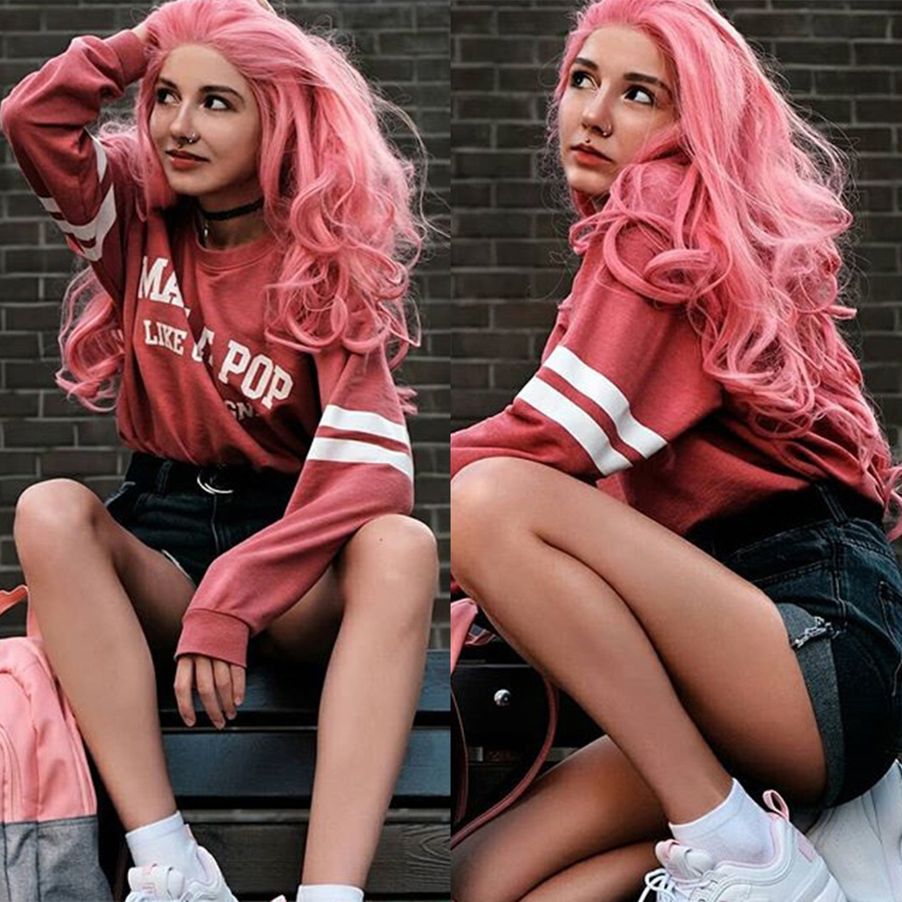 Musegetes Pink Wavy Synthetic Lace Front Wigs HS0012