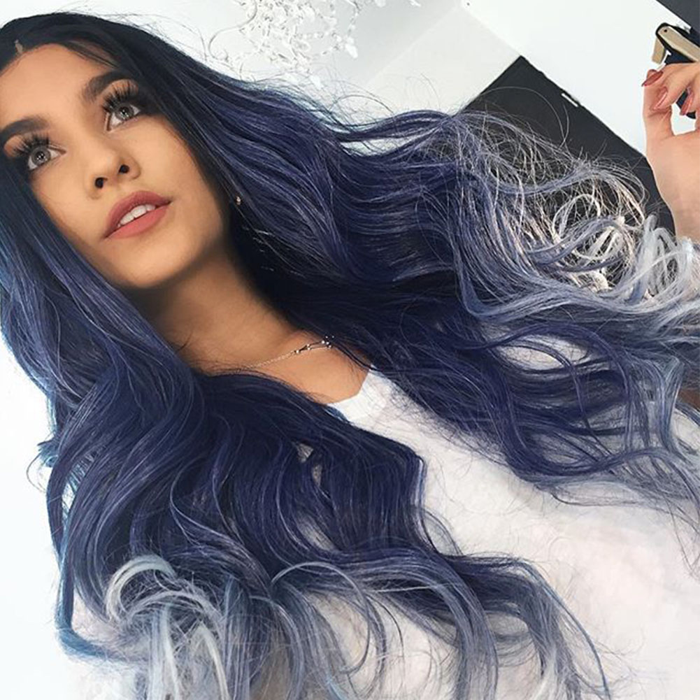 Musegetes Ombre Light Blue Wavy Synthetic Lace Front Wigs HS2007