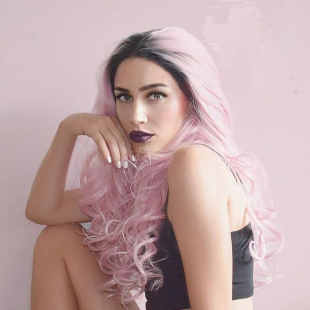 Musegetes Ombre Pink Wavy Synthetic Lace Front Wigs HS2011