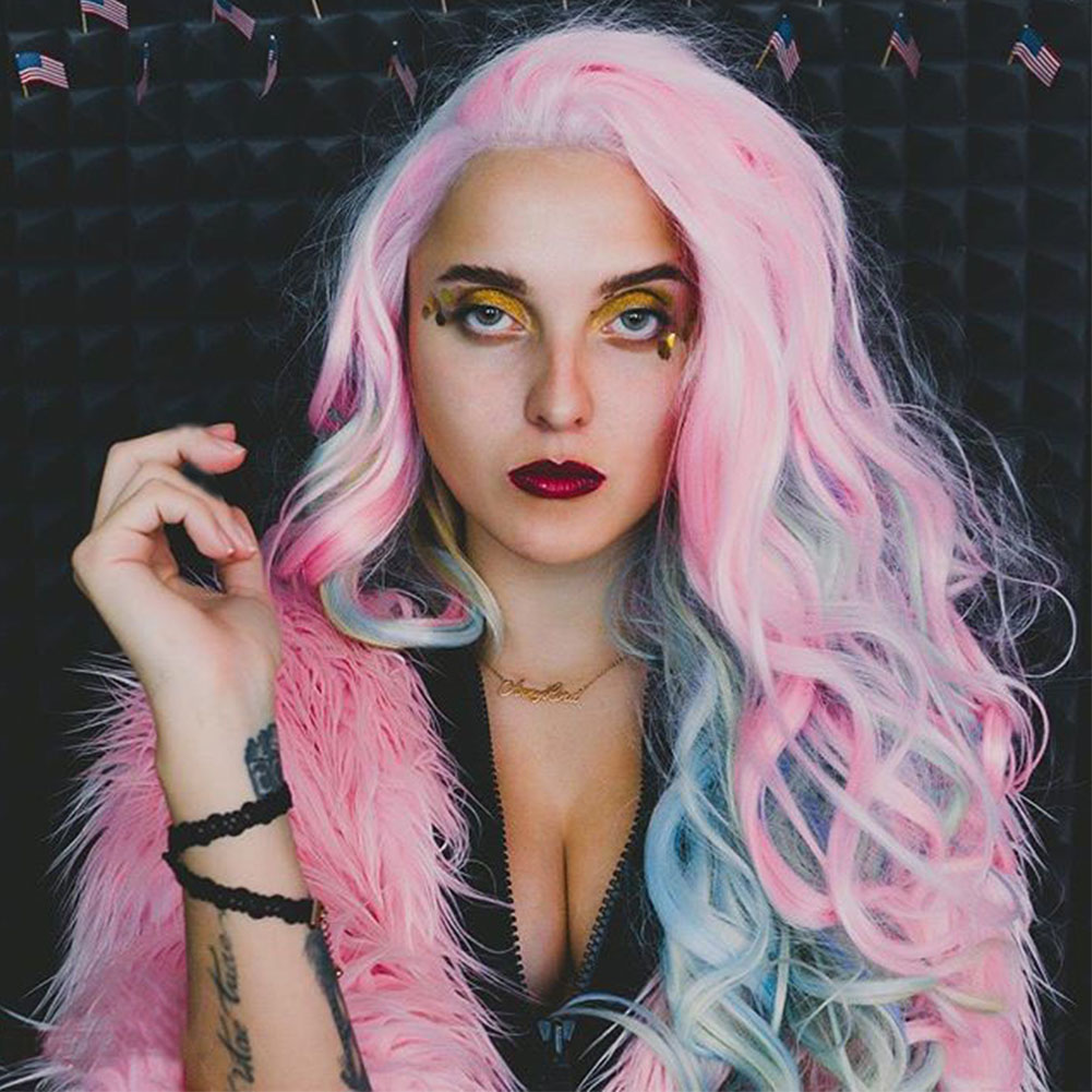 Musegetes Ombre Pink and Light Green Rainbow Wavy Synthetic Lace Front Wigs HS2021