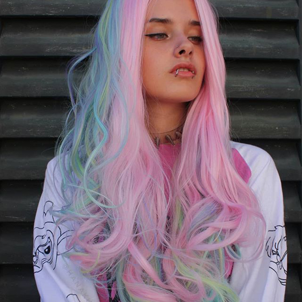 Musegetes Ombre Pink and Light Green Rainbow Wavy Synthetic Lace Front Wigs HS2021