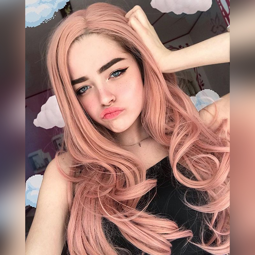 Peach Pink Wavy Synthetic Lace Front Wigs HS2023