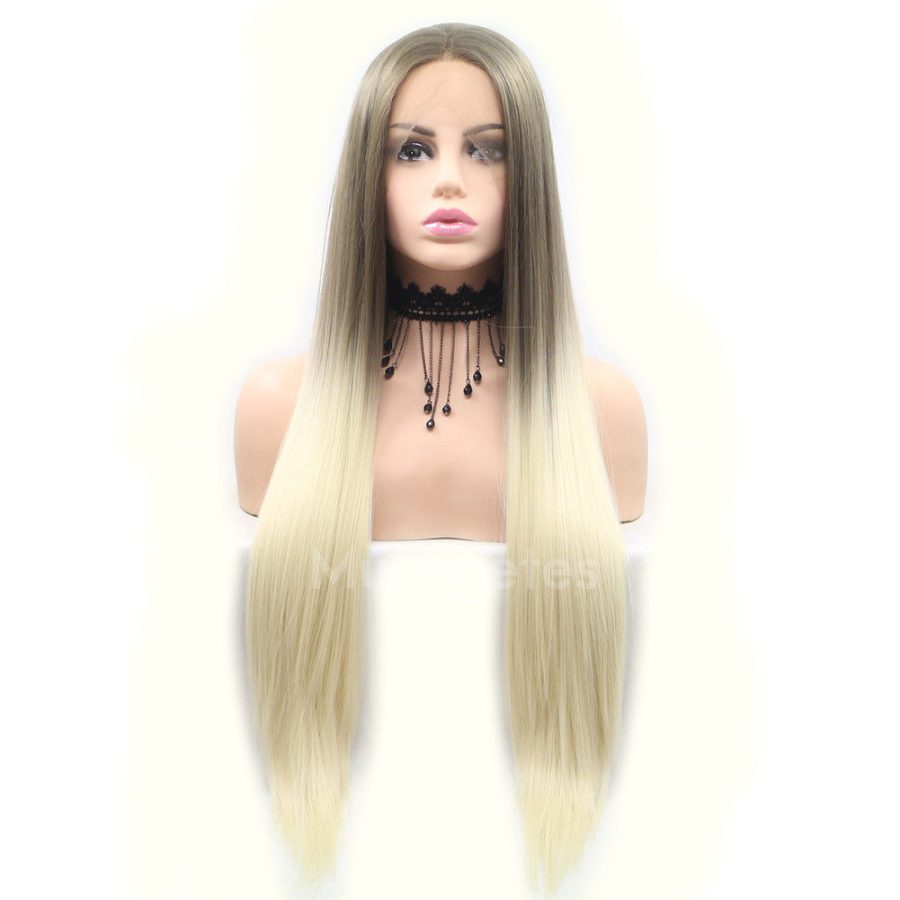 Ombre Brown To Blonde Long Straight Synthetic Lace Front Wigs HS6043