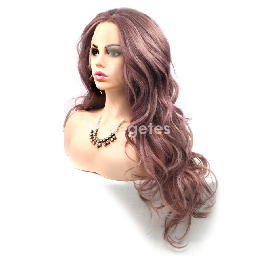ASH PINK LONG WAVE SYNTHETIC LACE FRONT WIGS MIDDLE PART HS6080