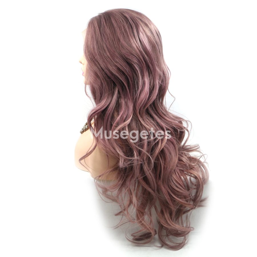 ASH PINK LONG WAVE SYNTHETIC LACE FRONT WIGS MIDDLE PART HS6080